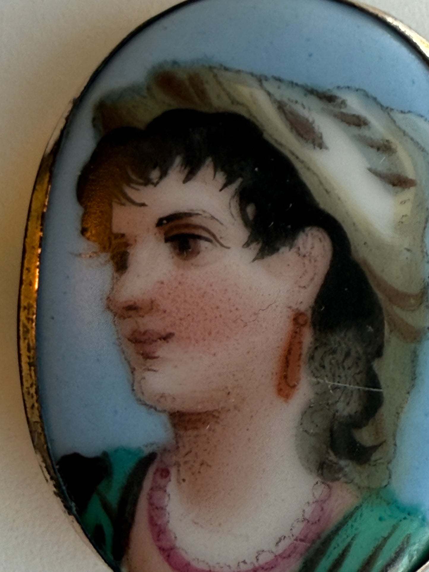 Hand Painted Porcelain Brooch with Female