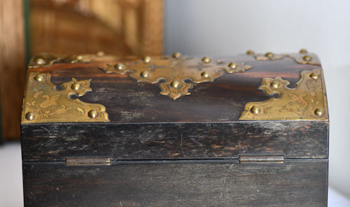 Antique Wood & Brass Ornate Box with Key