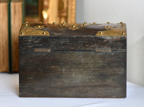 Antique Wood & Brass Ornate Box with Key