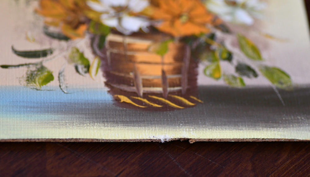 Vintage Oil Painting of Flowers in a Basket, 7"