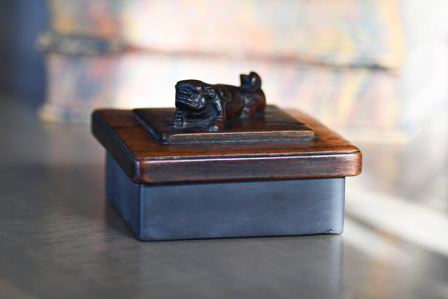 Vintage Carved Wooden Inkwell with Foo Dog, 4.5"