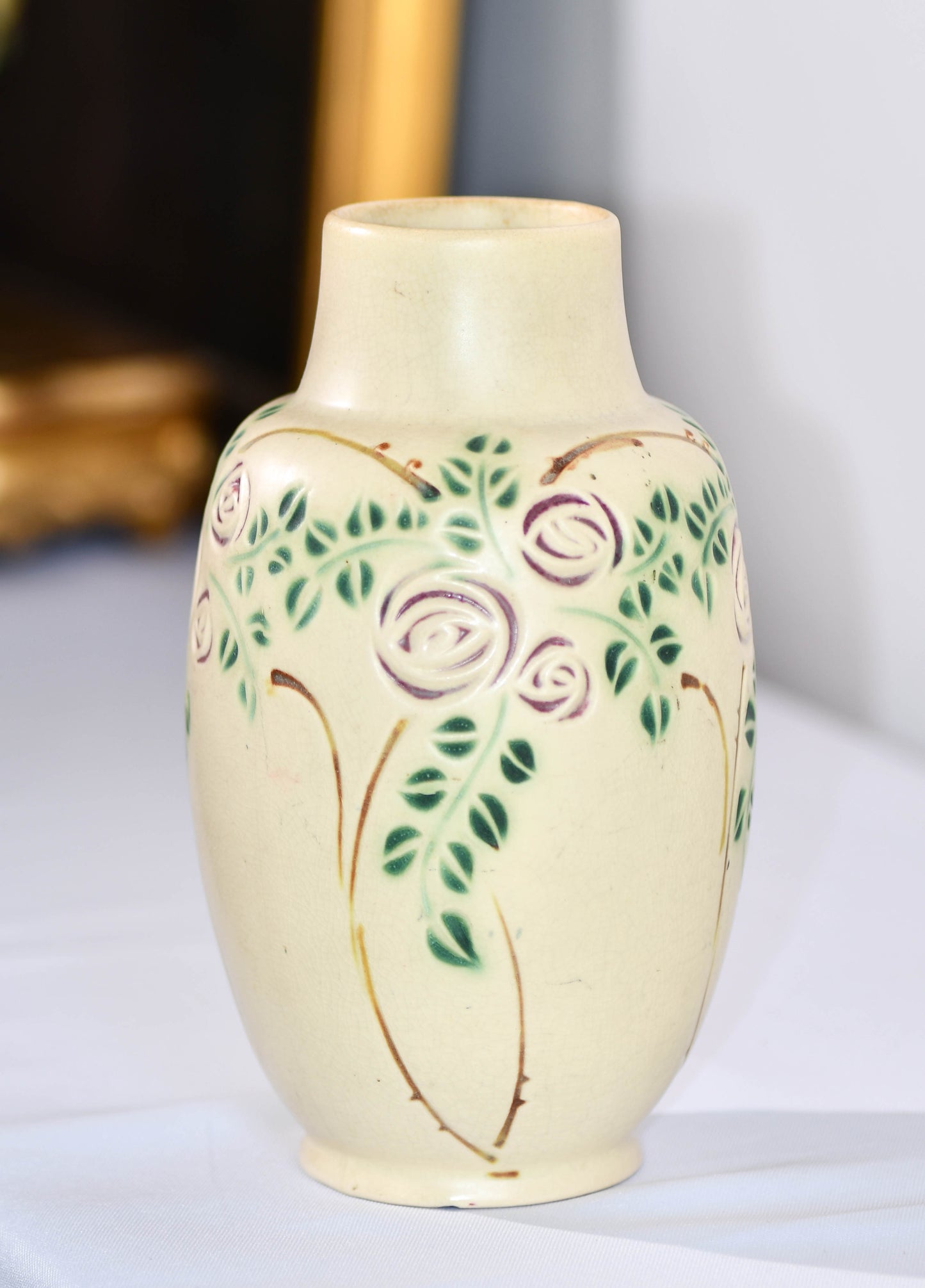 Roseville Beige Rose Vase, Vintage Velmoss Floral Vase, 8"