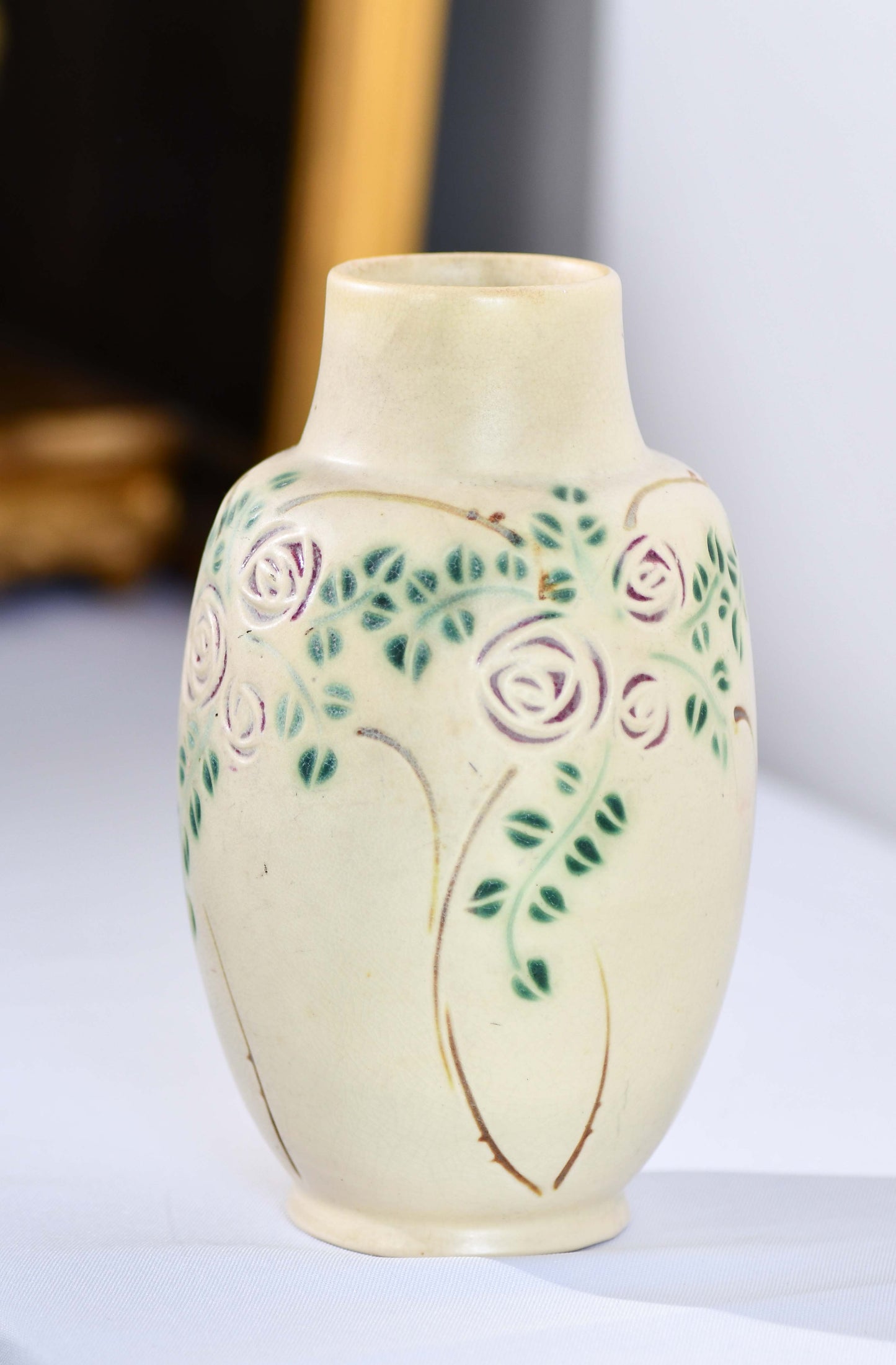 Roseville Beige Rose Vase, Vintage Velmoss Floral Vase, 8"