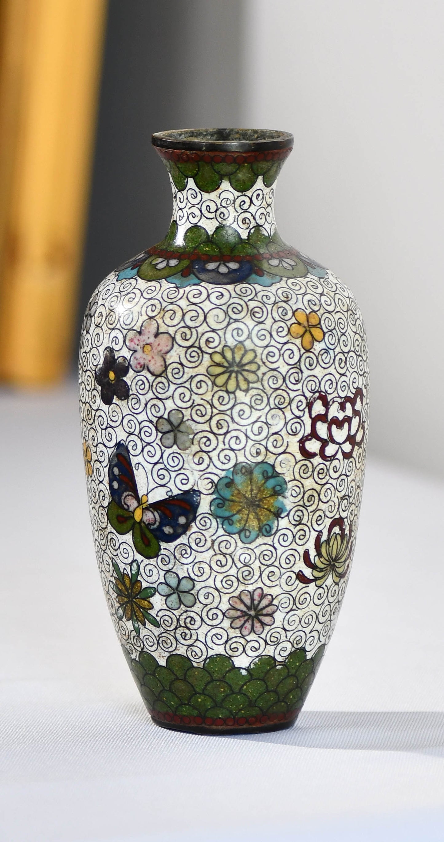Cloisonne White Floral Vase with Butterflies, 6"