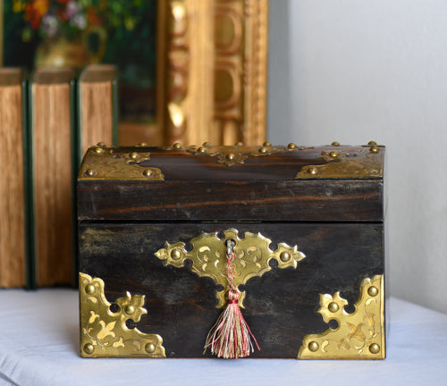 Antique Wood & Brass Ornate Box with Key