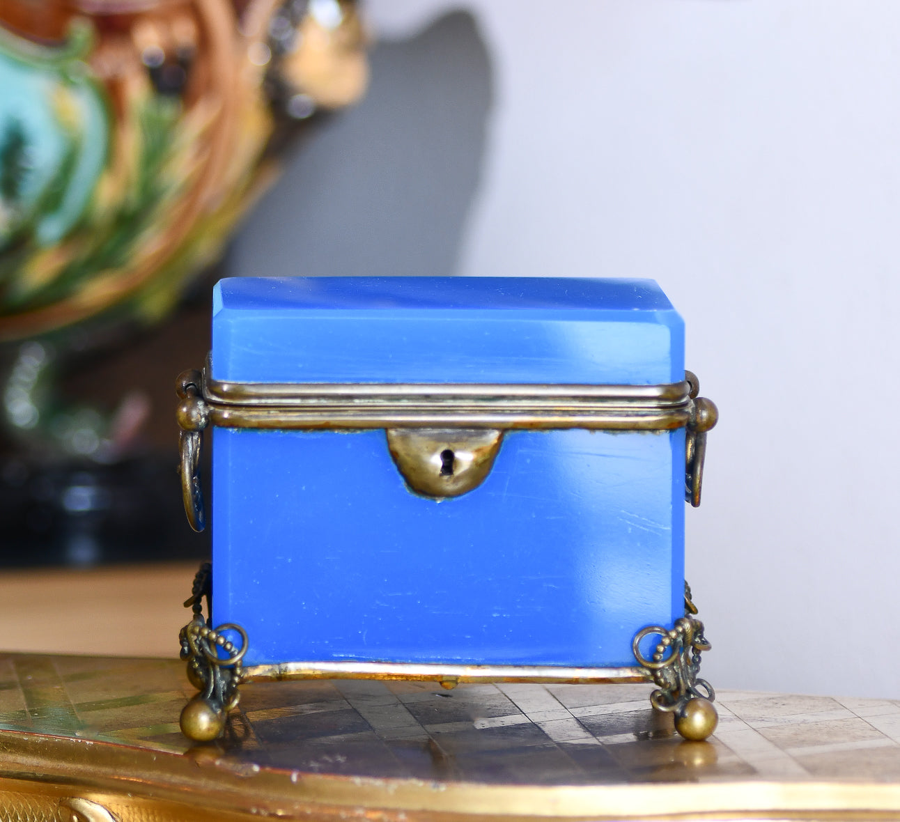 French Blue Opaline Glass Casket Jewelry Box with Bronze Footings