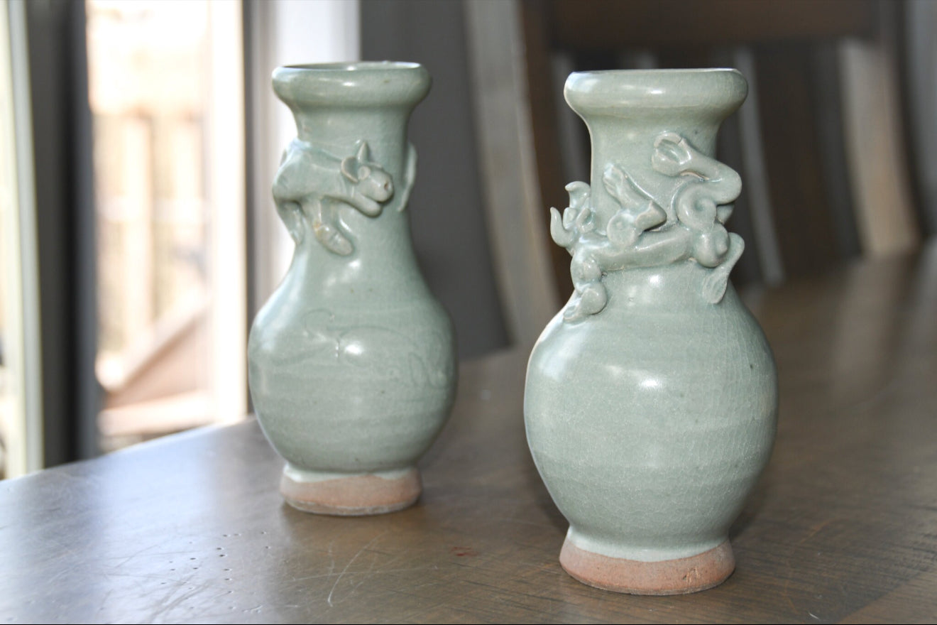 Vintage Sage Green Celedon Vase Set, China
