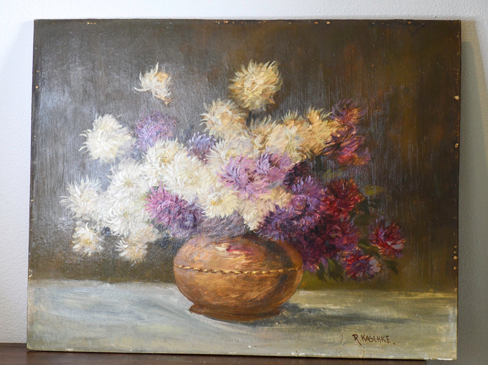 Purple Floral Still Life Vintage Painting, 24”
