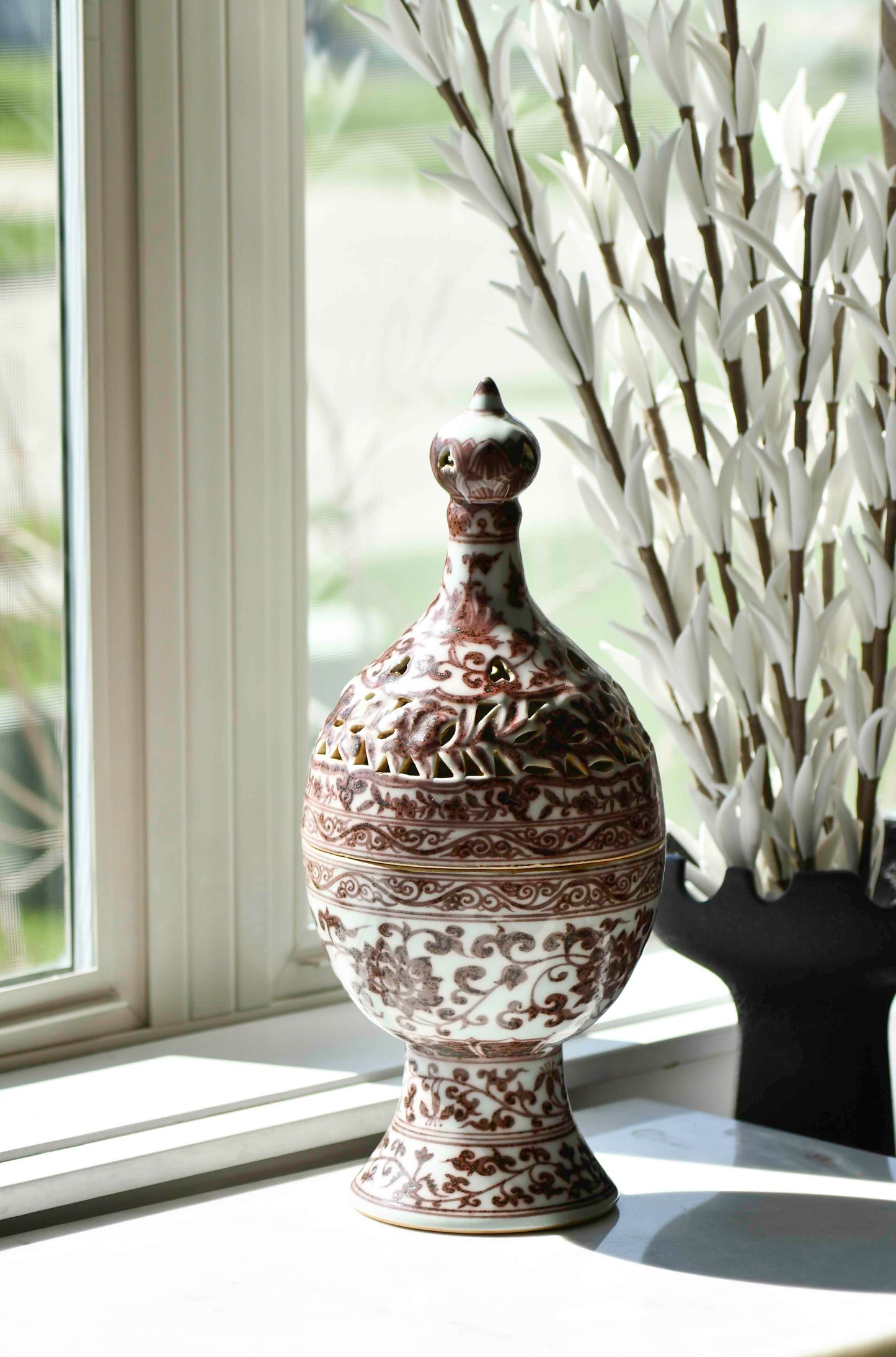 Red Underglaze Large Decorative Incense Burner, 15"