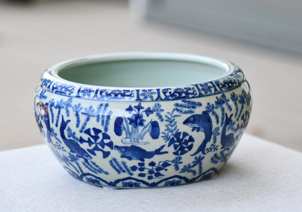 Blue and White Large Porcelain Bowl with Fish