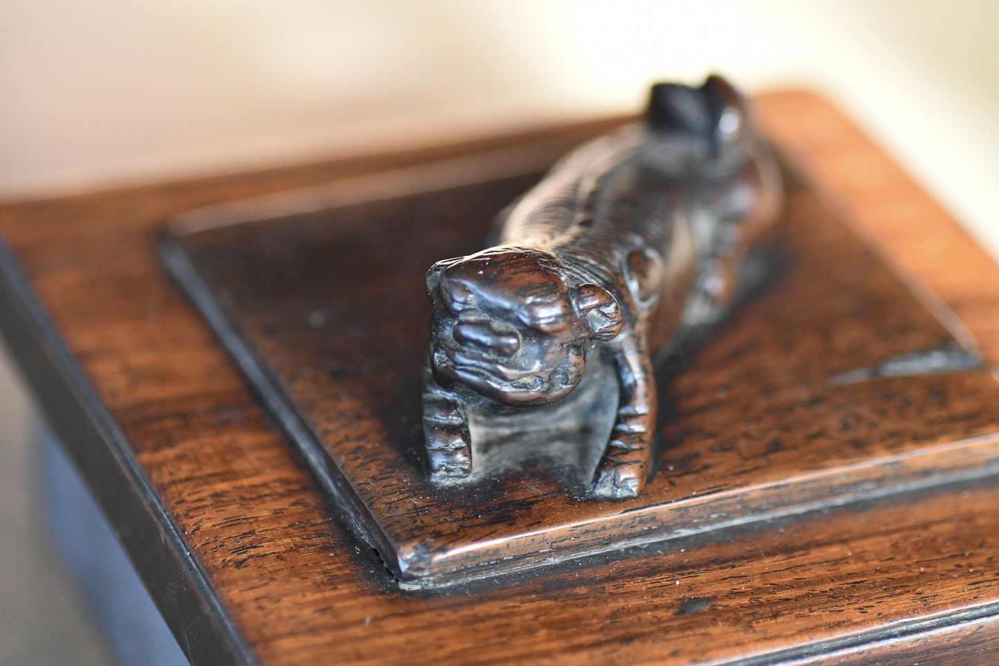 Vintage Carved Wooden Inkwell with Foo Dog, 4.5"