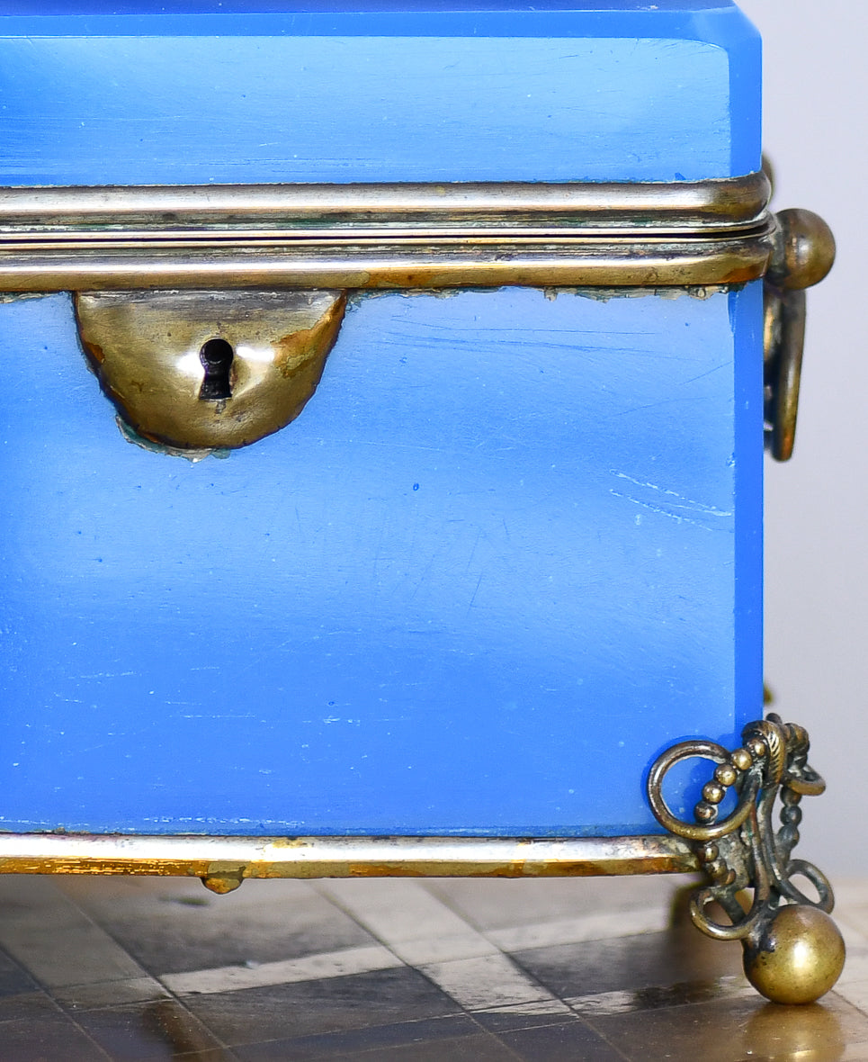 French Blue Opaline Glass Casket Jewelry Box with Bronze Footings