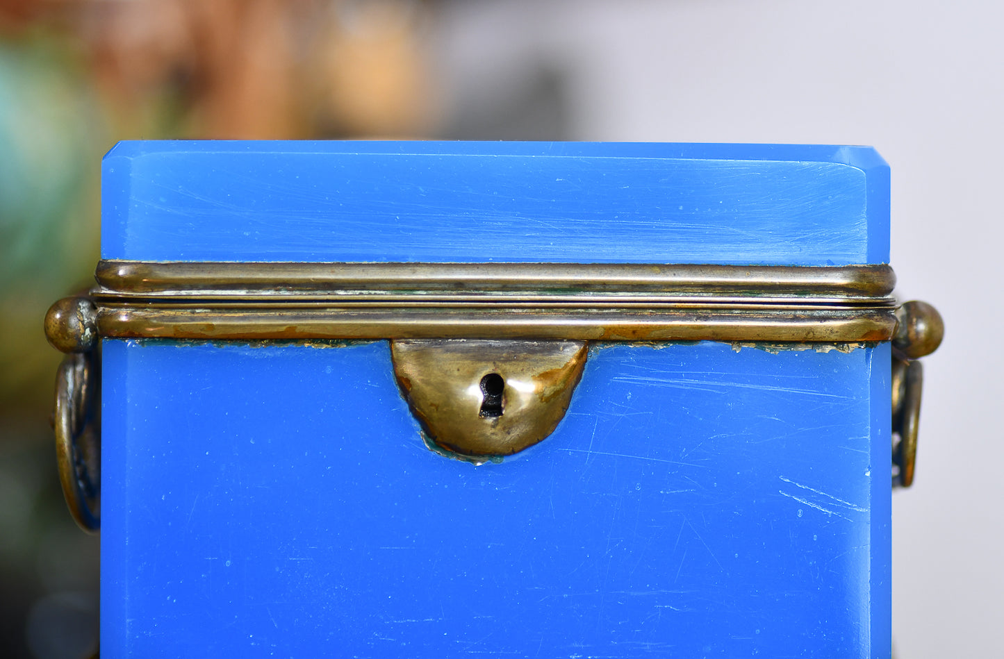 French Blue Opaline Glass Casket Jewelry Box with Bronze Footings