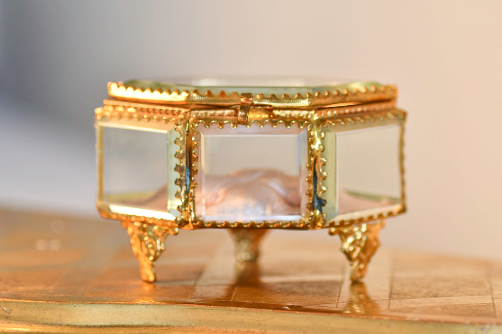 Antique Beveled French Jewelry Box with Pink Tuft