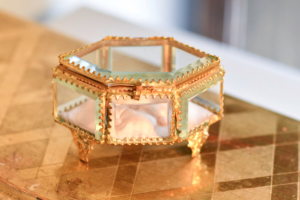 Antique Beveled French Jewelry Box with Pink Tuft