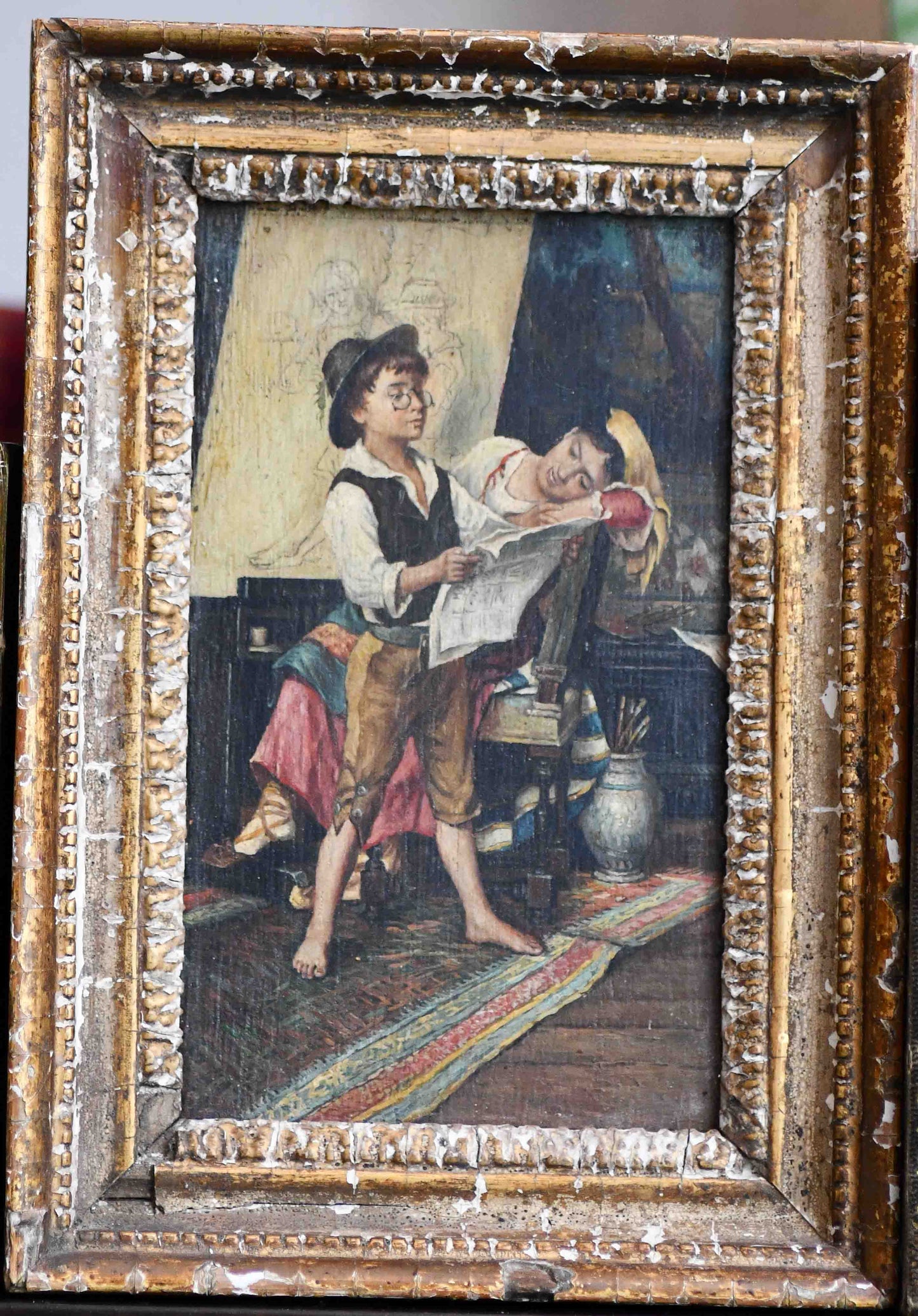 Young Artist Adventurer Framed Antique Oil Painting, 9.25"