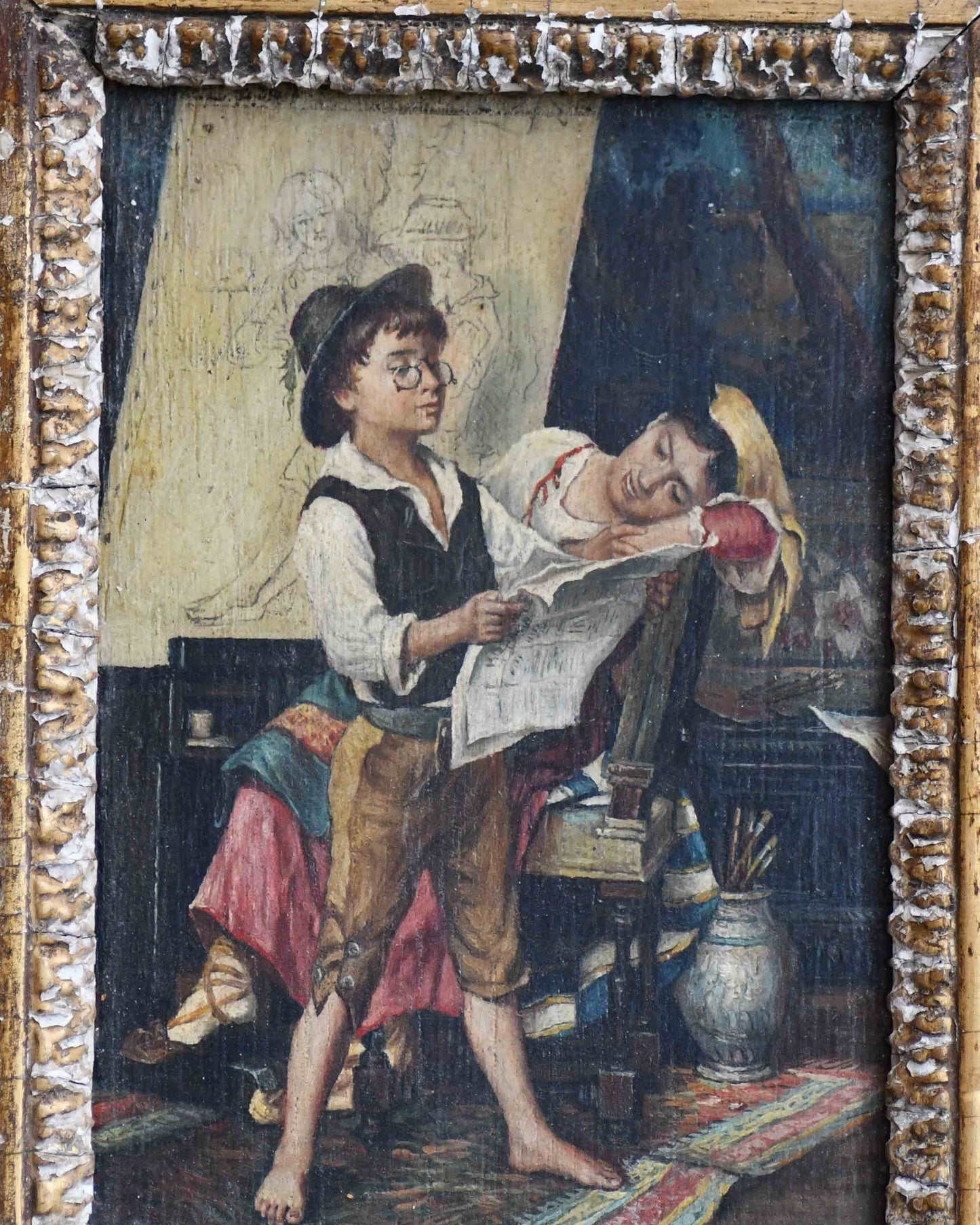 Young Artist Adventurer Framed Antique Oil Painting, 9.25"