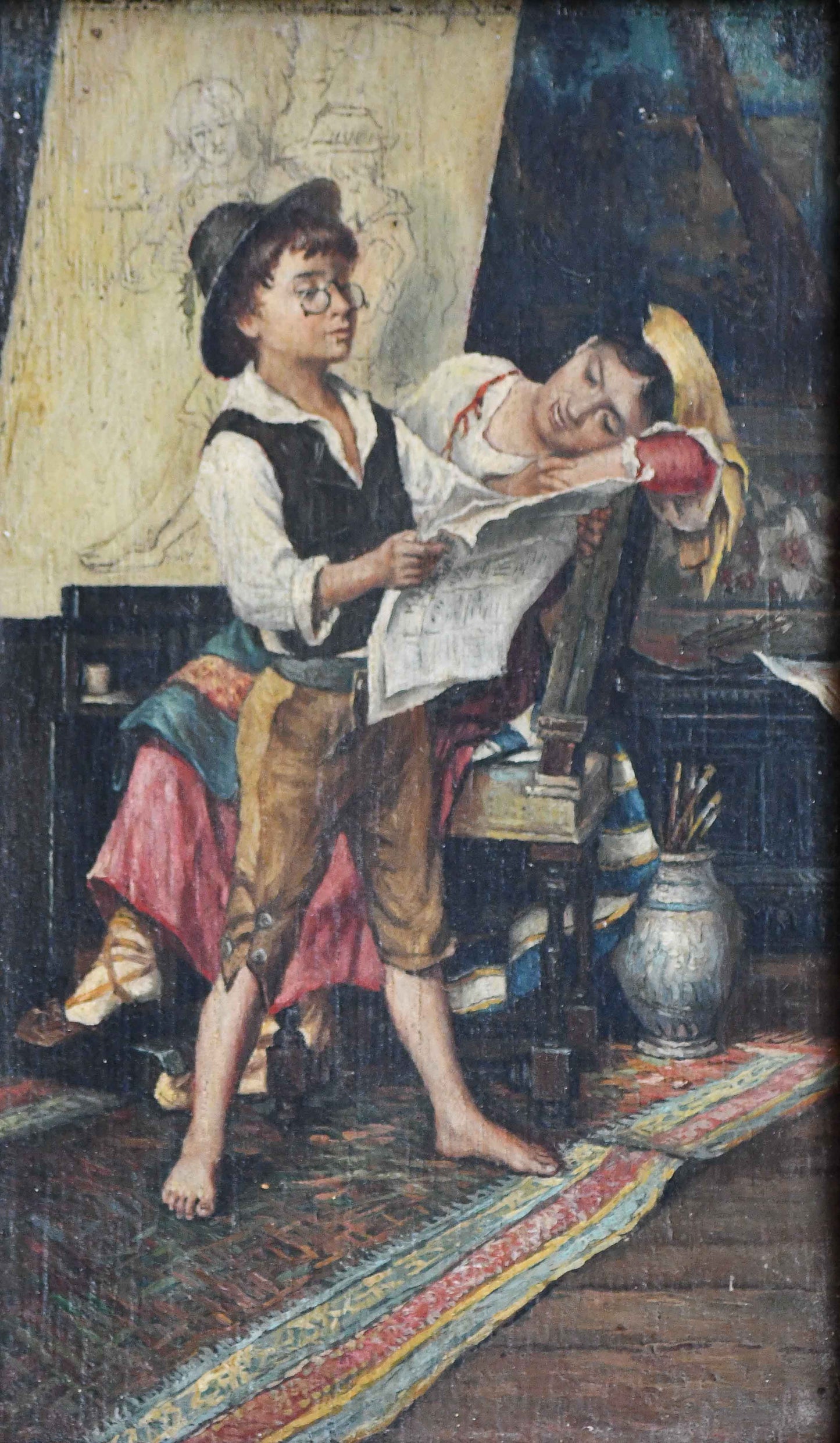 Young Artist Adventurer Framed Antique Oil Painting, 9.25"