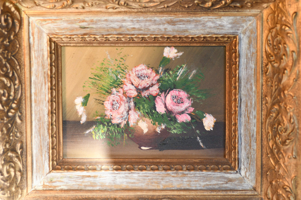 Pink and Red Floral Framed Oil Painting, 12.75"