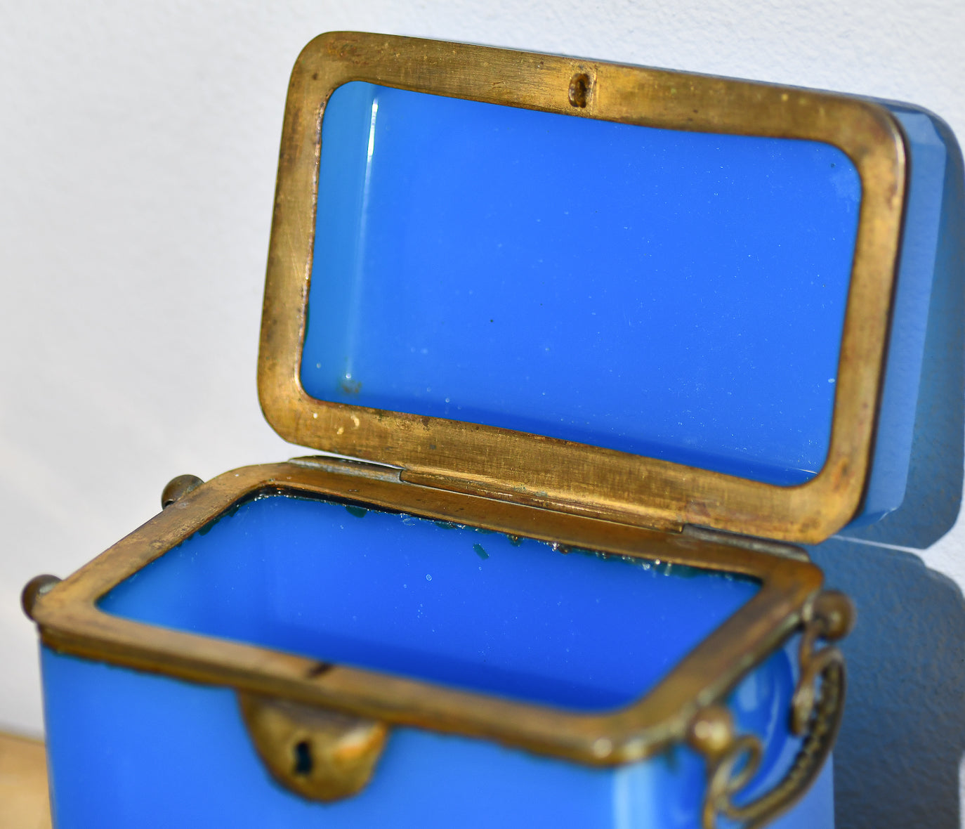 French Blue Opaline Glass Casket Jewelry Box with Bronze Footings
