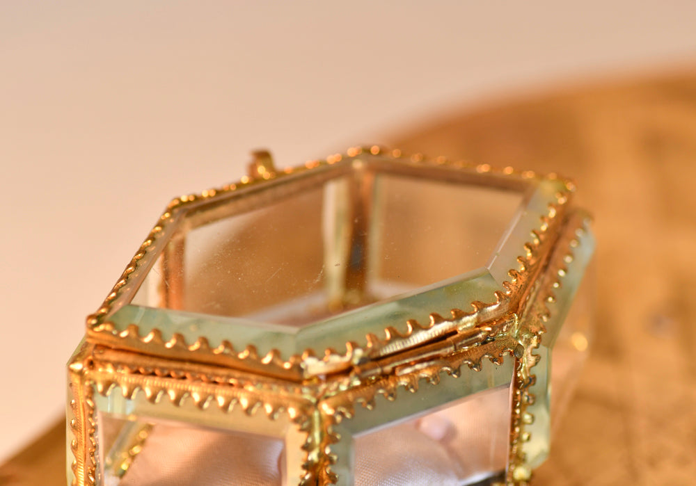 Antique Beveled French Jewelry Box with Pink Tuft