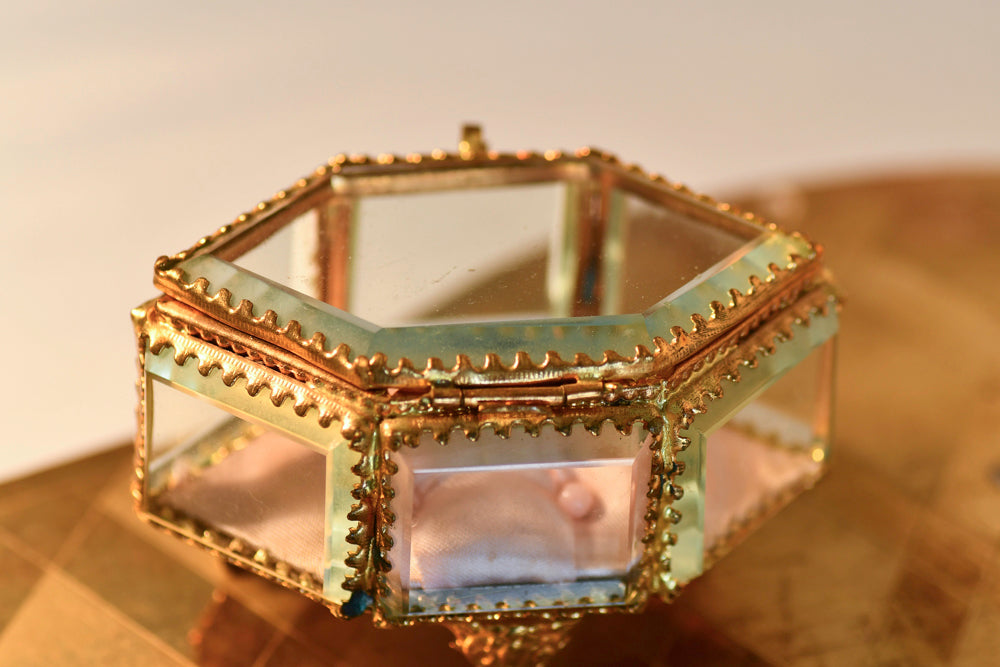 Antique Beveled French Jewelry Box with Pink Tuft