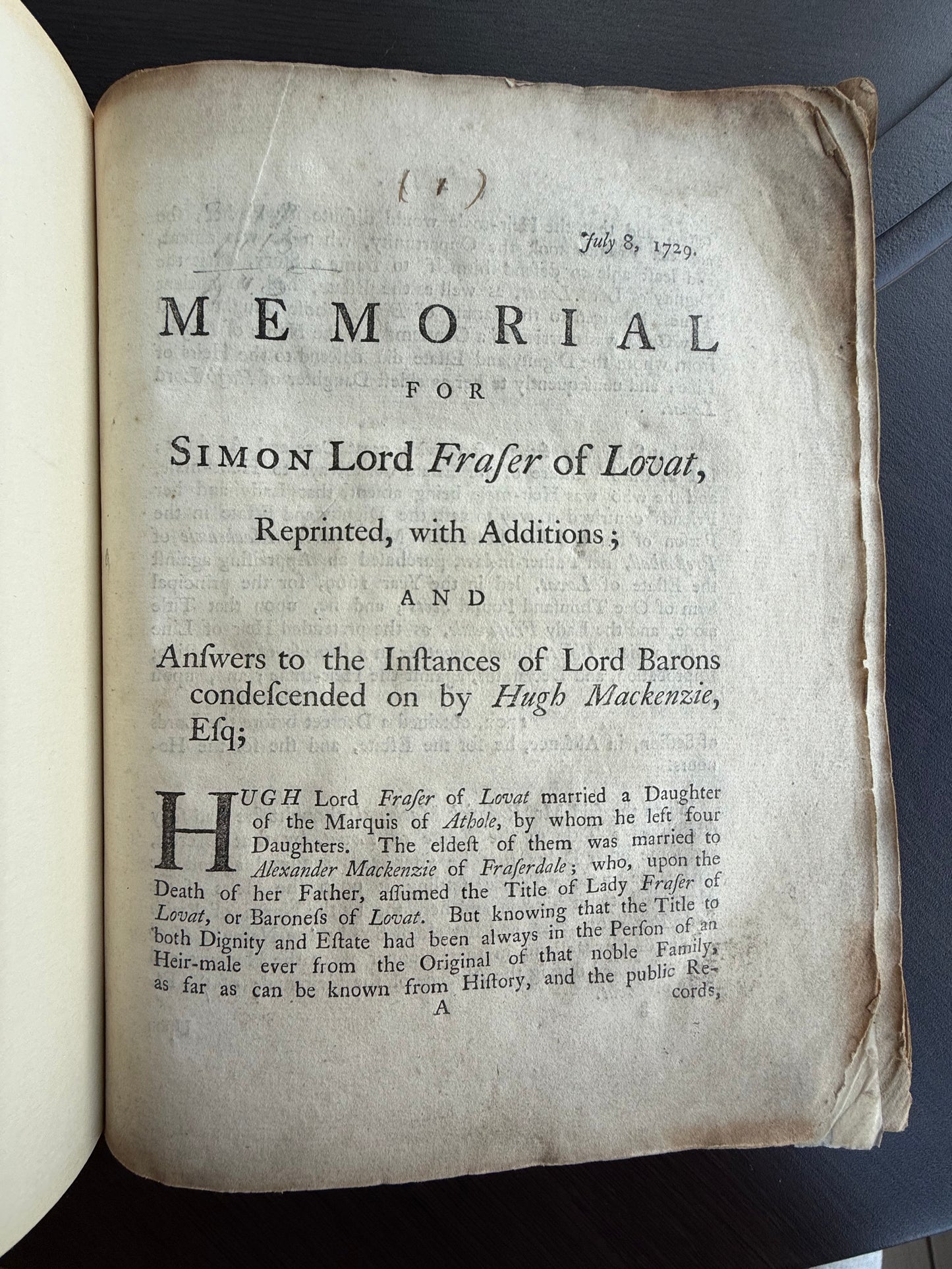 Simon Lord Frafer of Lovat, Lovat Peerage Book, 1730