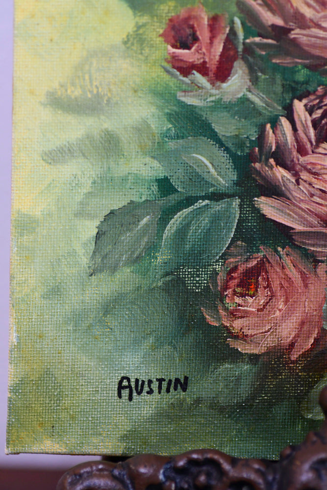 Pink Rose Bush Vintage Painting, 10"