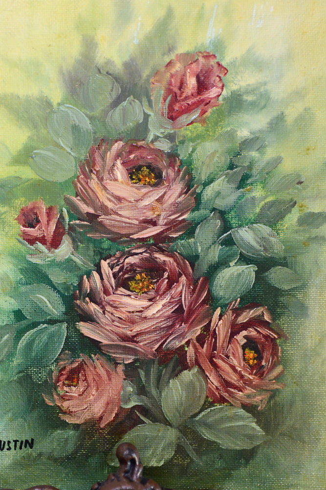 Pink Rose Bush Vintage Painting, 10"