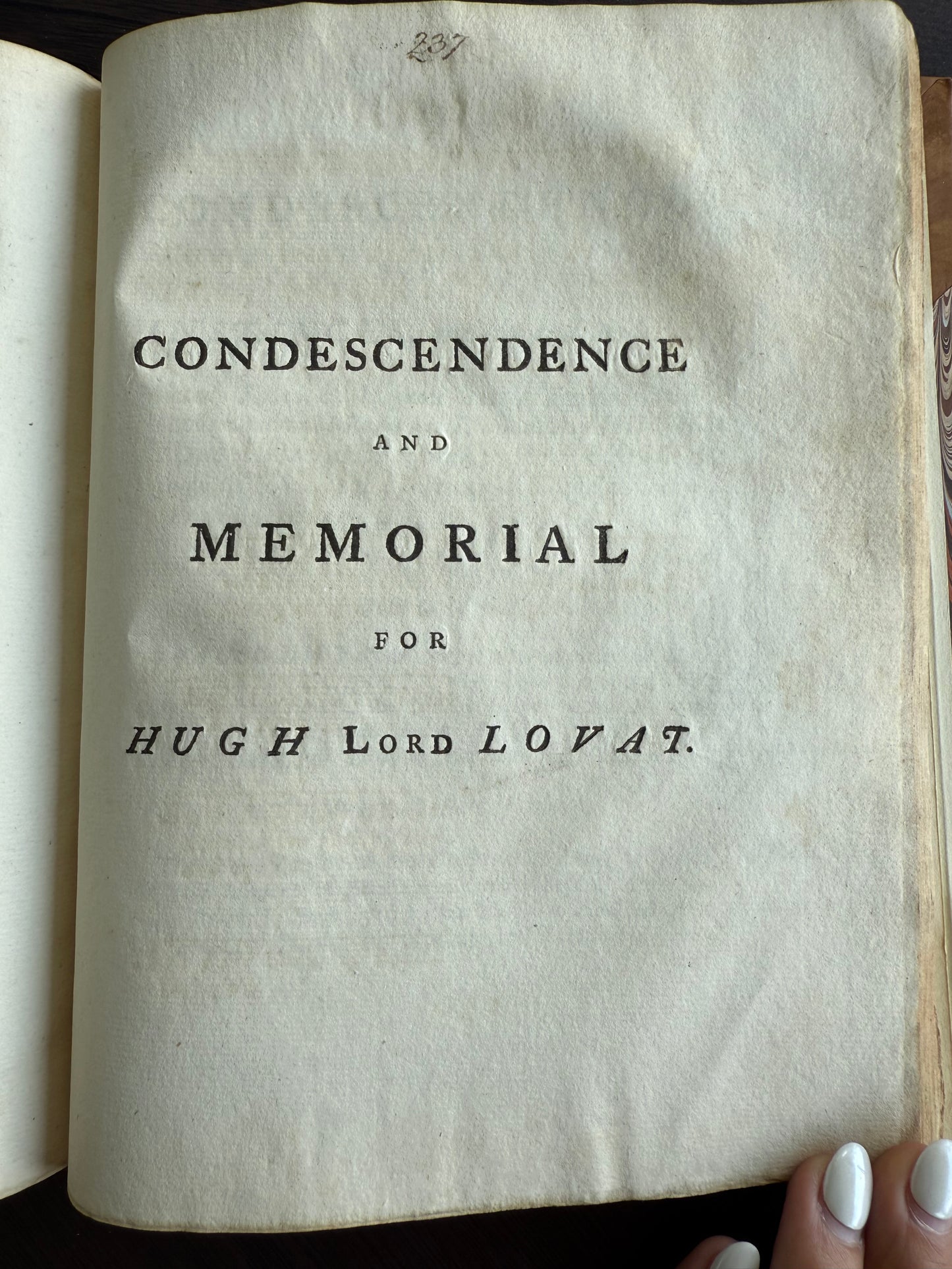 Memorial for Hugh Lord Lovat in Lovat Peerage Book, 1730