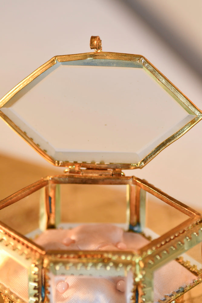 Antique Beveled French Jewelry Box with Pink Tuft