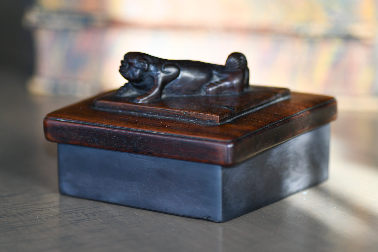 Vintage Carved Wooden Inkwell with Foo Dog, 4.5"