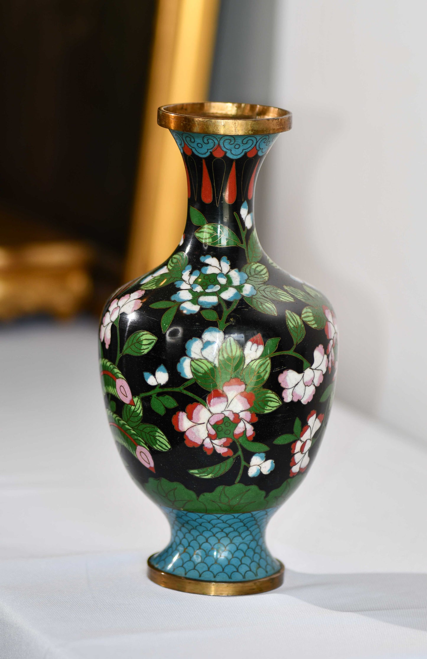 Cloisonne Black Vase with Peacock, 9"
