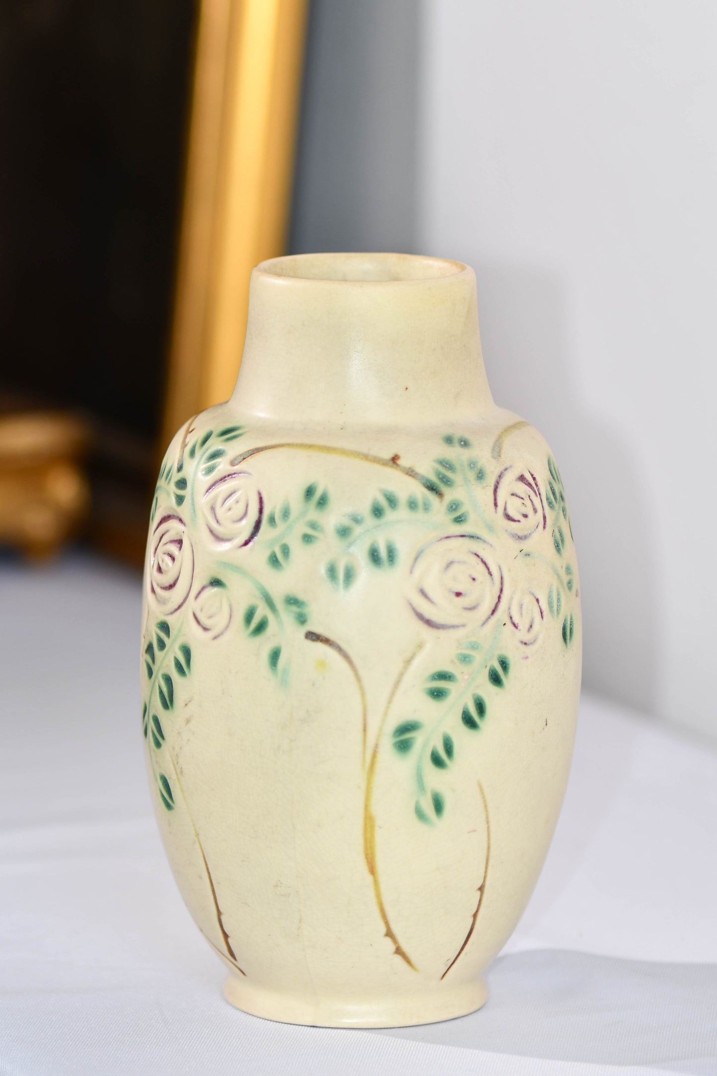 Roseville Beige Rose Vase, Vintage Velmoss Floral Vase, 8"