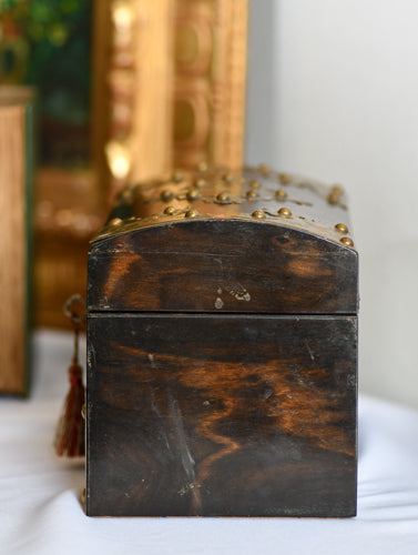 Antique Wood & Brass Ornate Box with Key