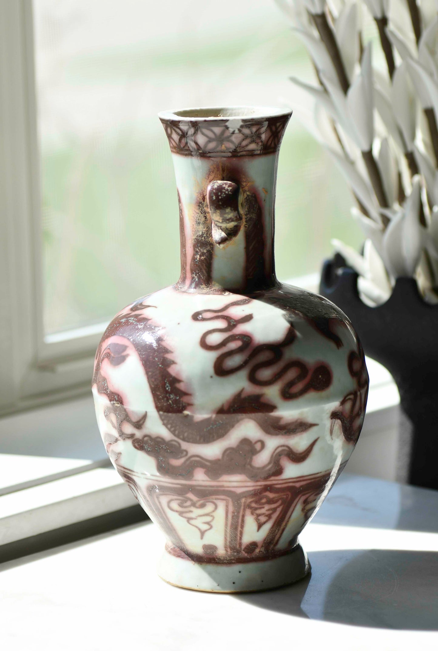 Red Underglaze Vase with Dragon, 9"