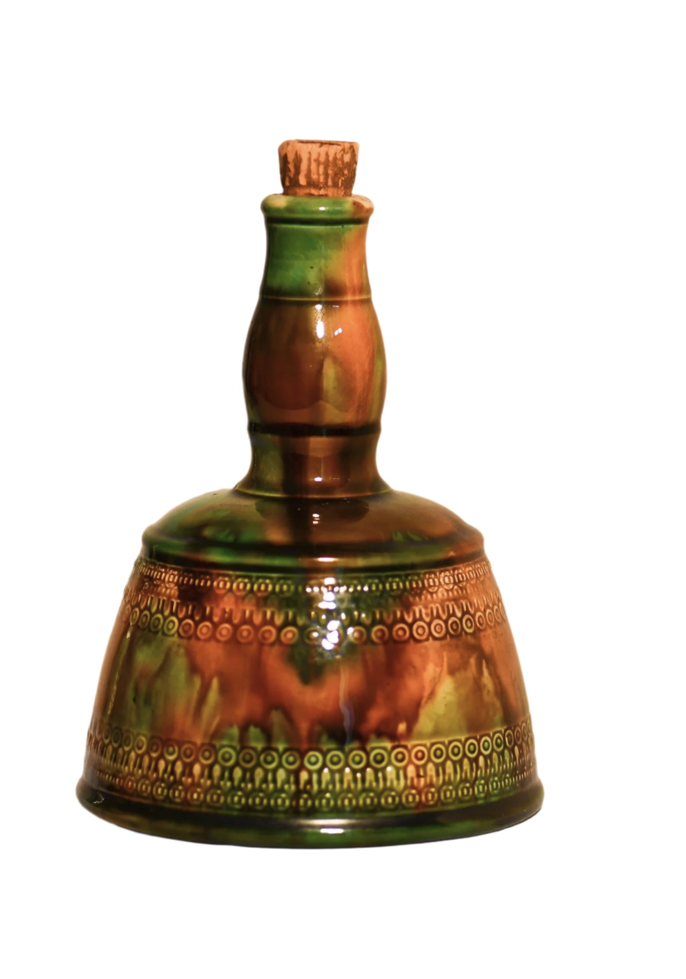 A vintage majolica green and brown glazed jug with cork