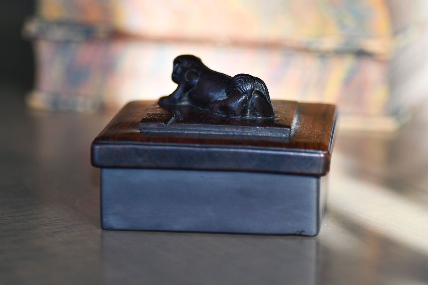 Vintage Carved Wooden Inkwell with Foo Dog, 4.5"