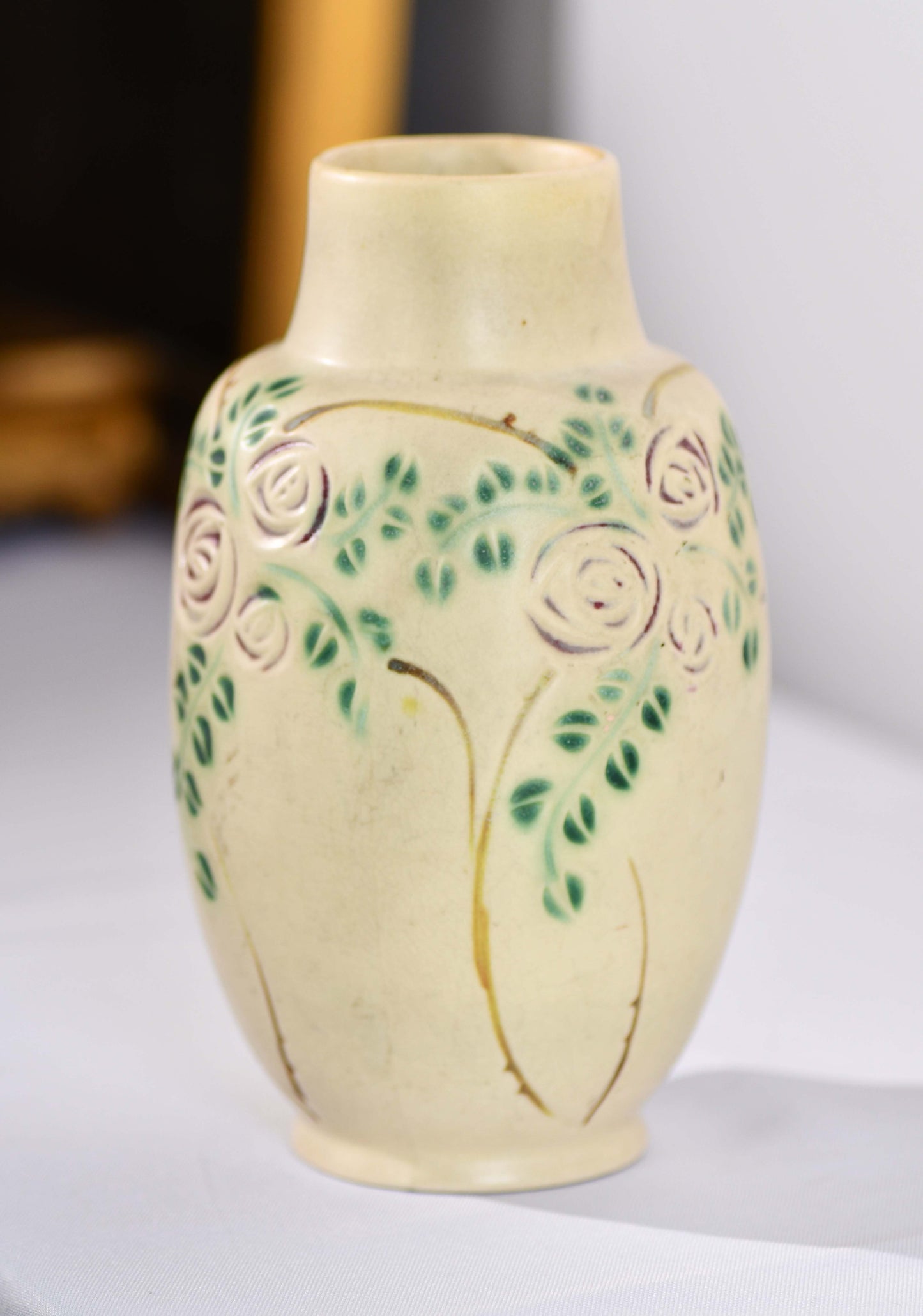 Roseville Beige Rose Vase, Vintage Velmoss Floral Vase, 8"