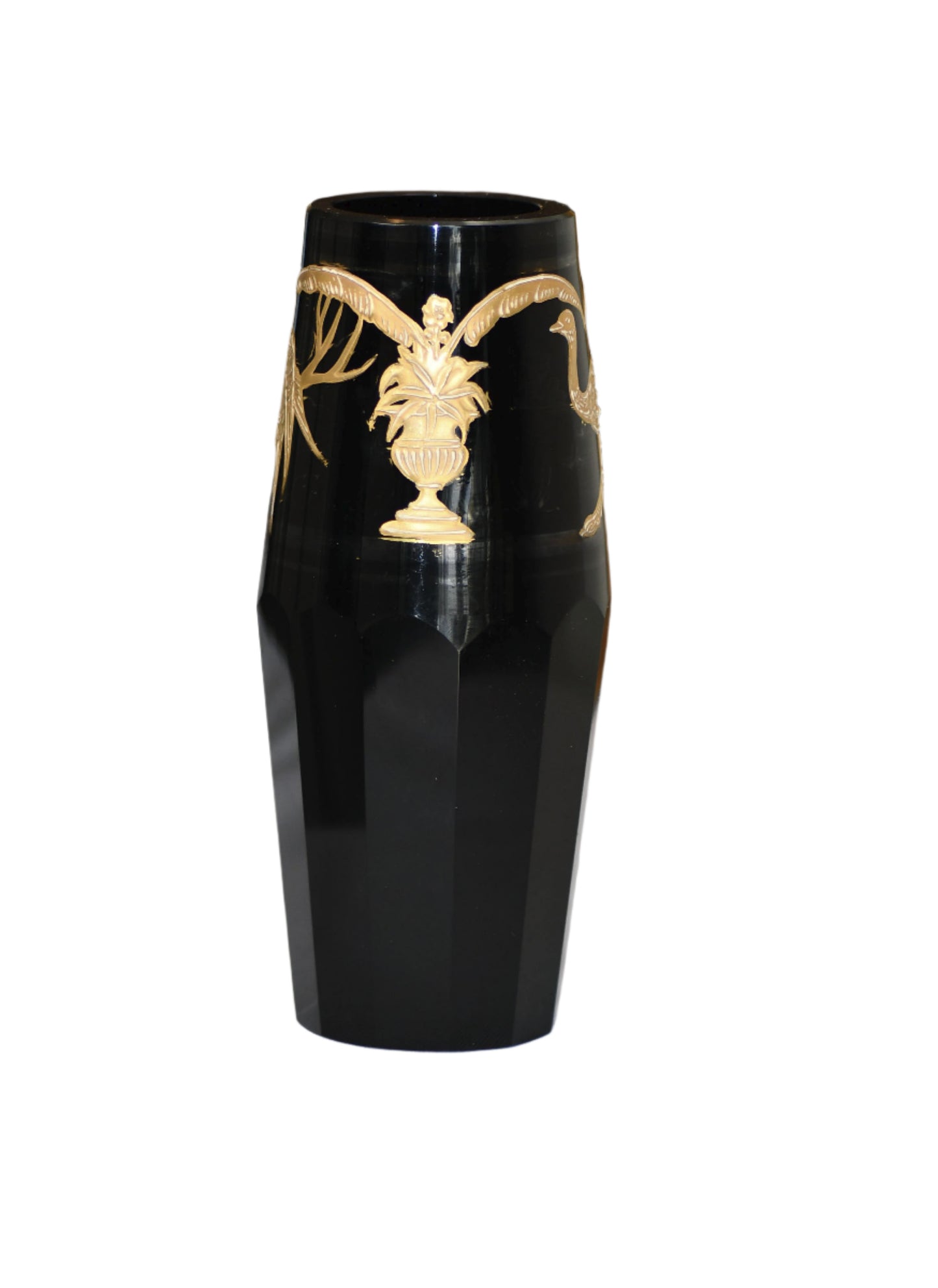Moser Style Vintage Black and Gold Glass Vase, 6"
