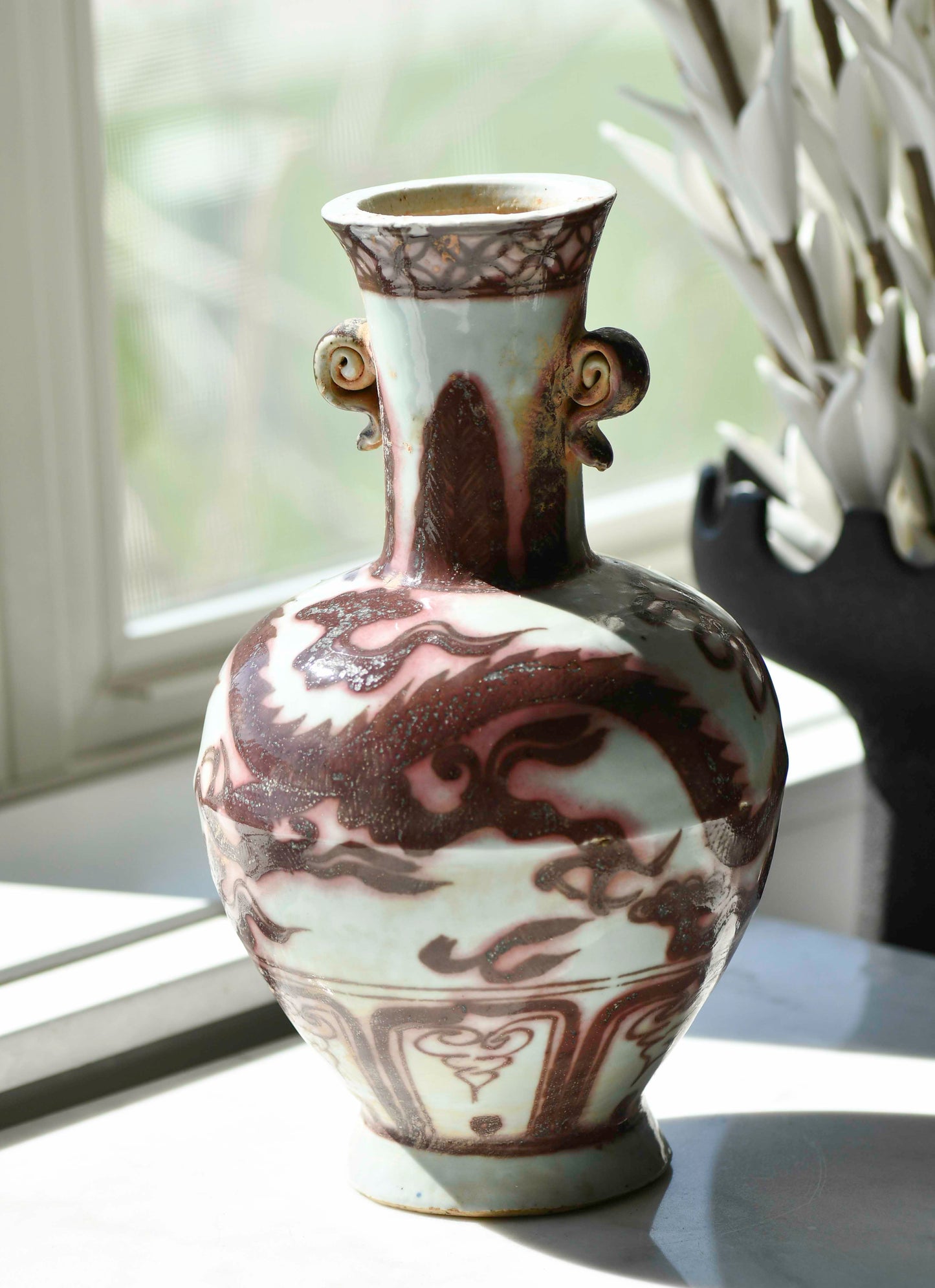 Red Underglaze Vase with Dragon, 9"