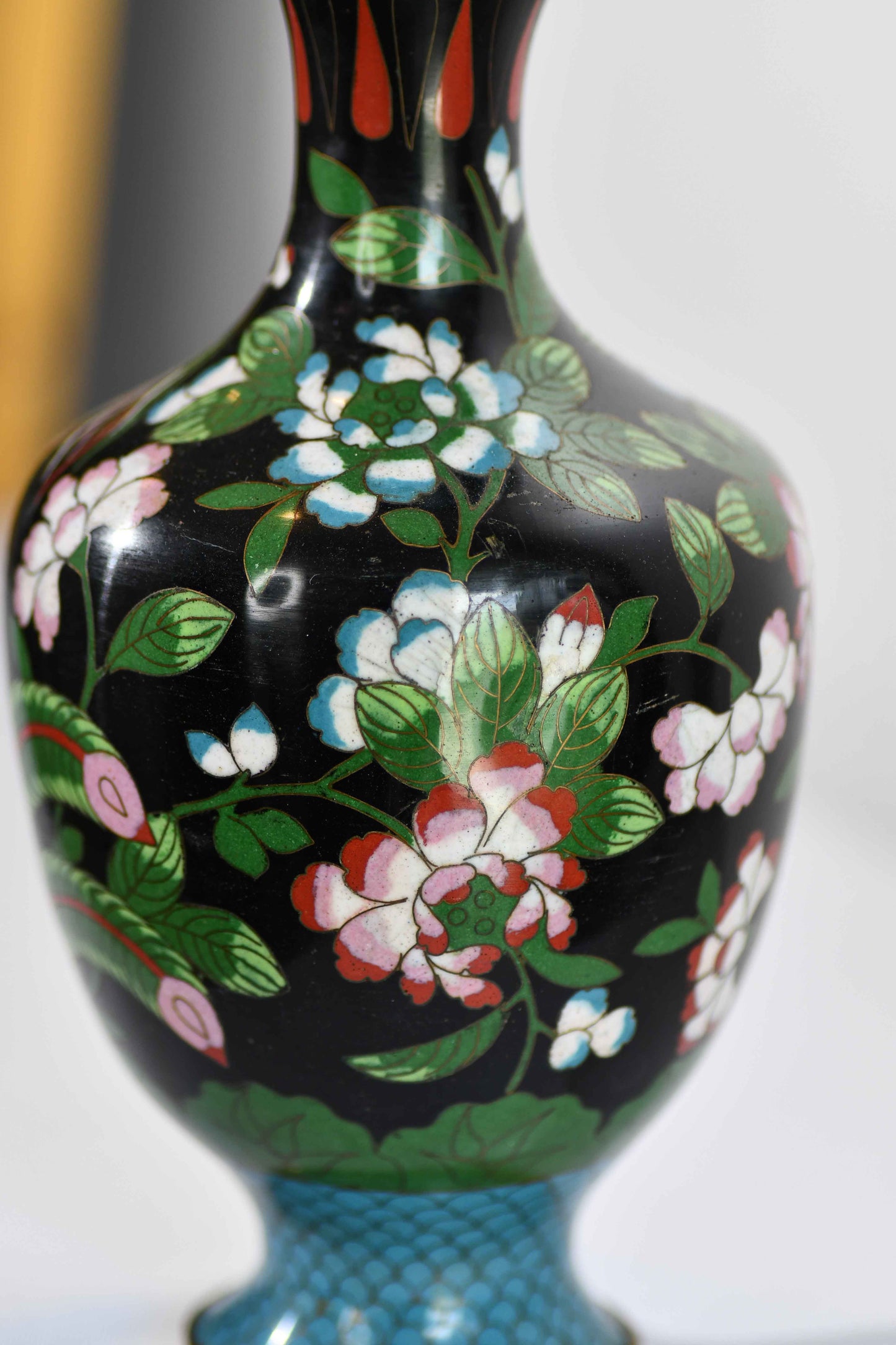 Cloisonne Black Vase with Peacock, 9"