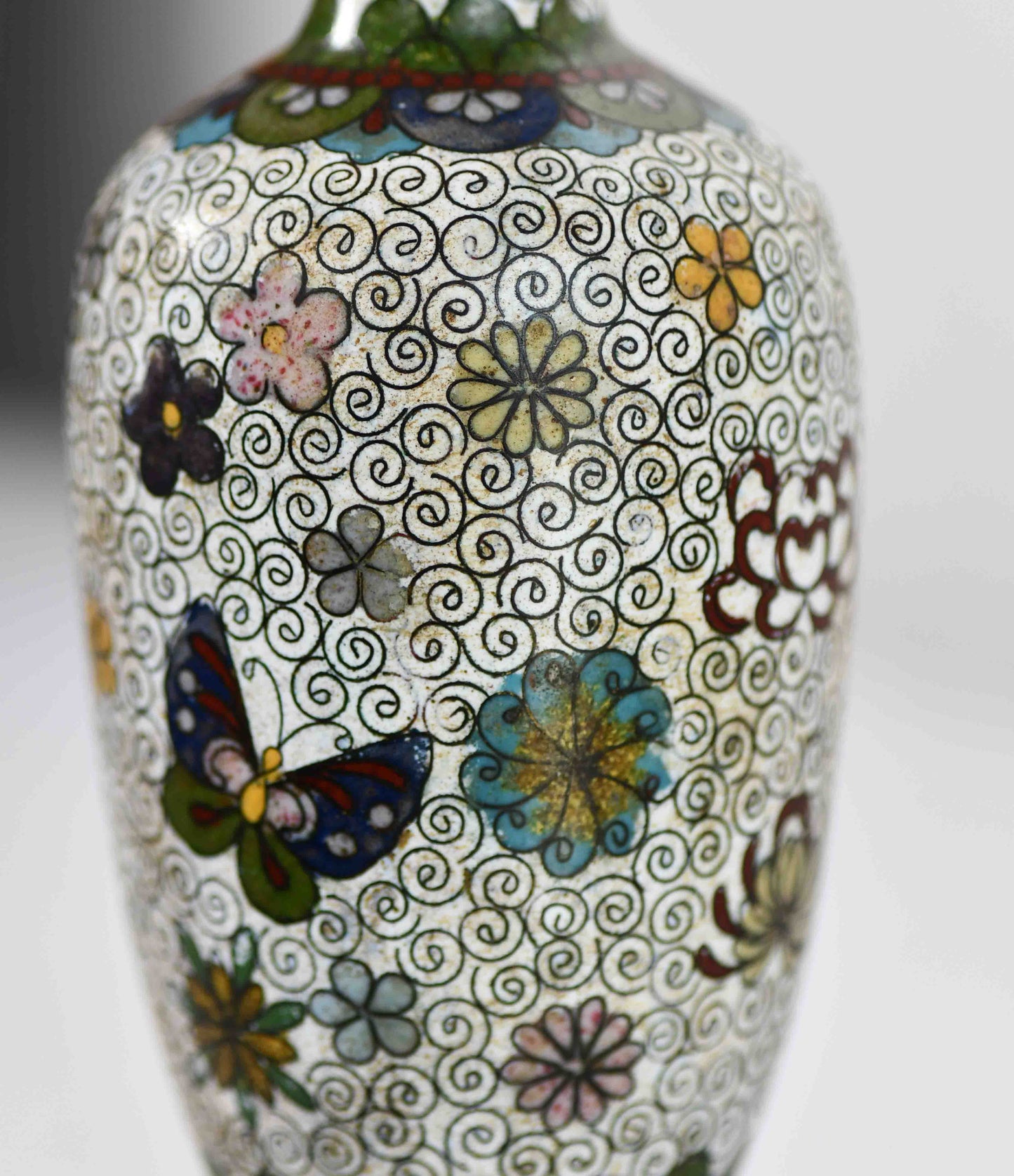Cloisonne White Floral Vase with Butterflies, 6"