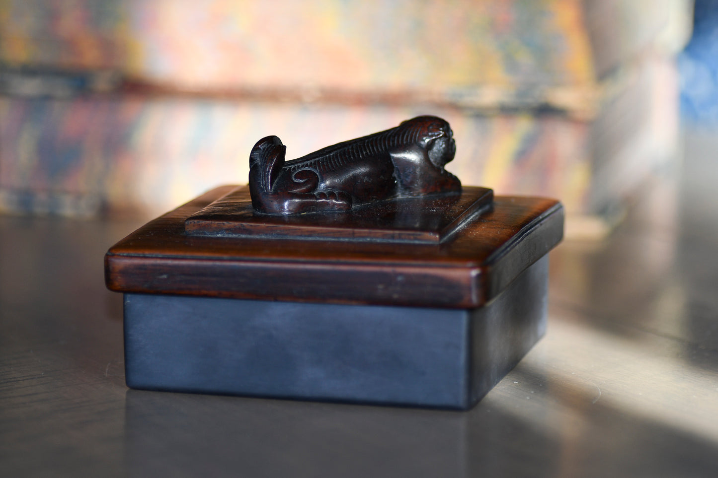 Vintage Carved Wooden Inkwell with Foo Dog, 4.5"