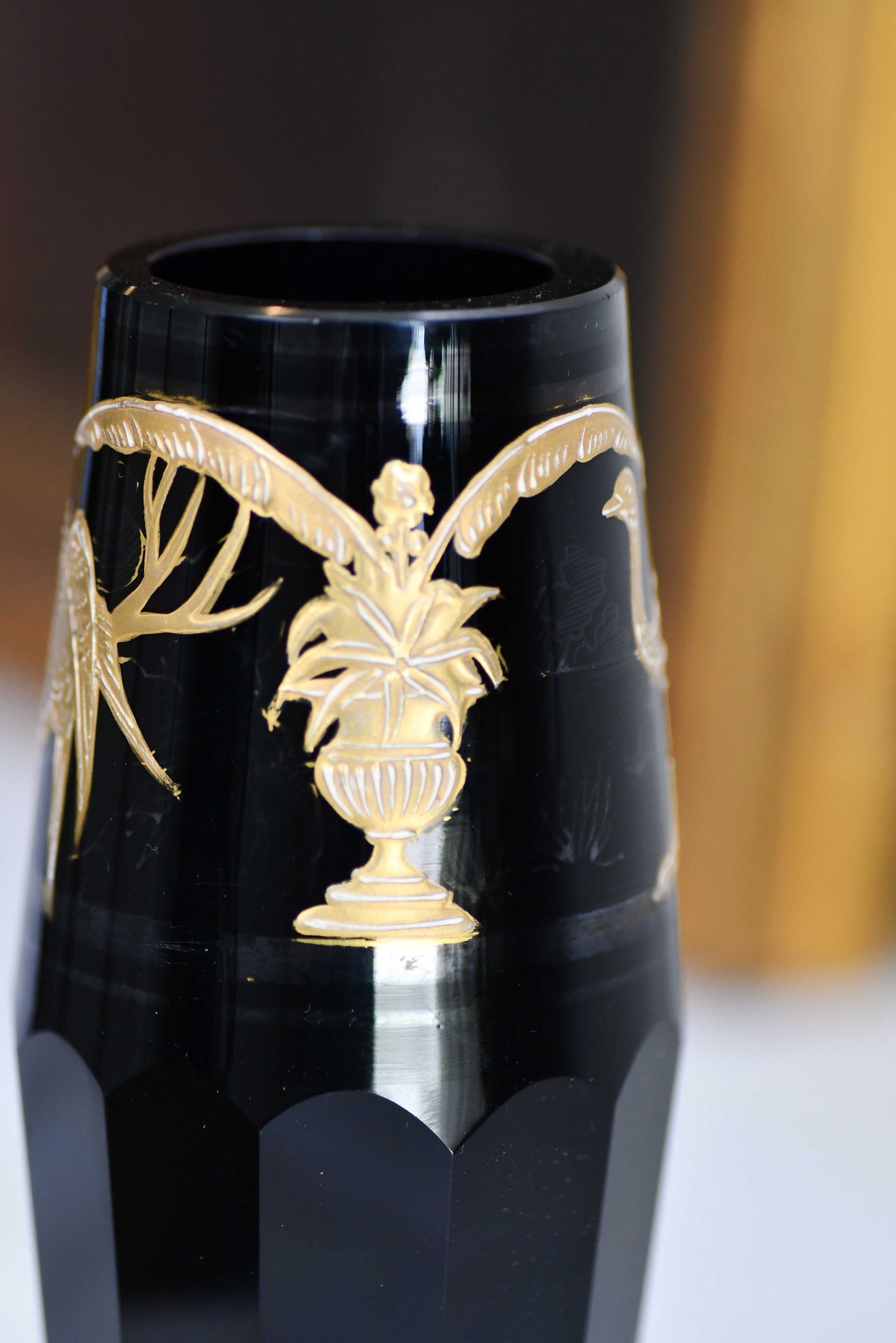 Moser Style Black and Gold Glass Vase, 6"