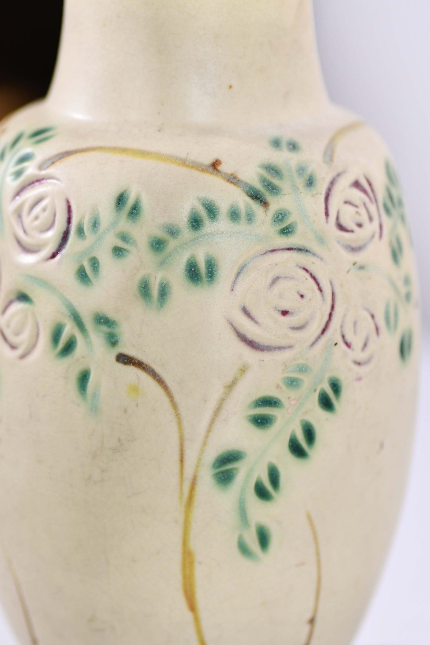 Roseville Beige Rose Vase, Vintage Velmoss Floral Vase, 8"