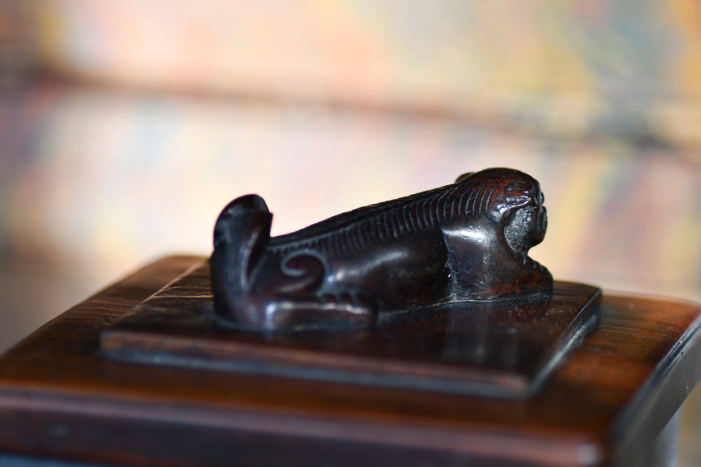Vintage Carved Wooden Inkwell with Foo Dog, 4.5"
