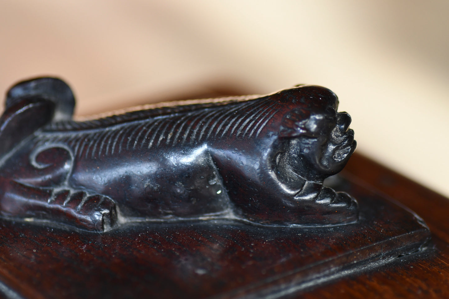 Vintage Carved Wooden Inkwell with Foo Dog, 4.5"