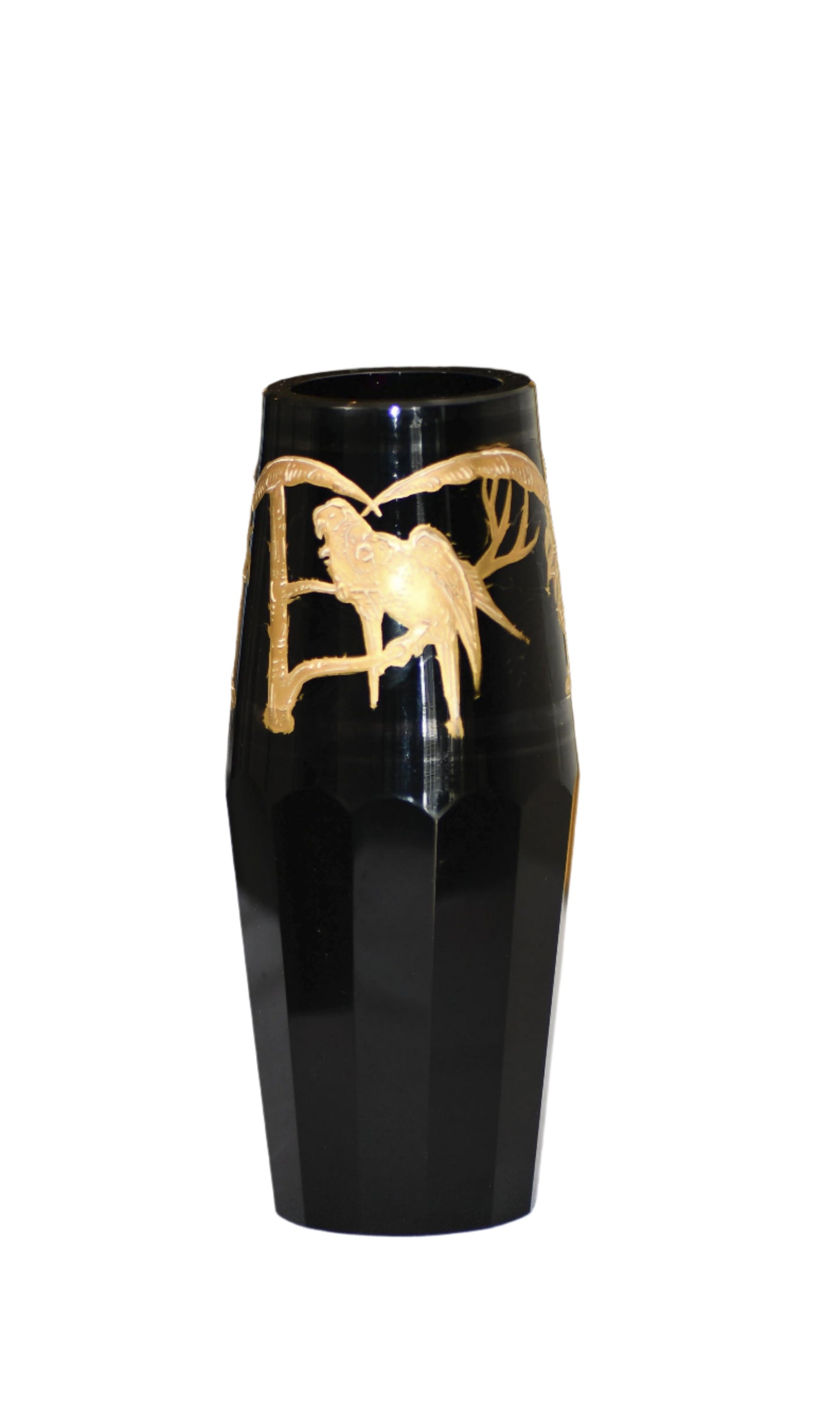 Black vase with gold artistic design on a neutral background