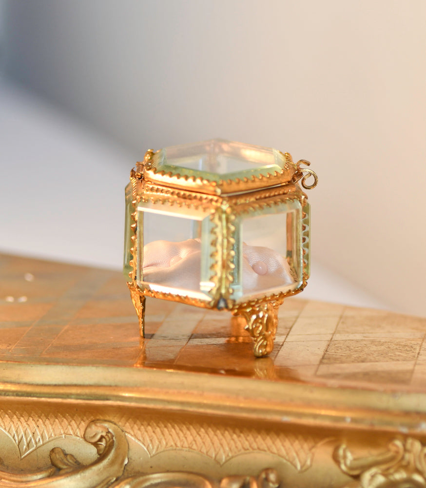 Antique Beveled French Jewelry Box with Pink Tuft